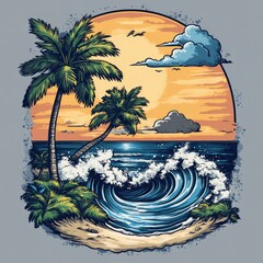 Sticker - A vibrant sunset beach scene with palm trees and ocean waves.