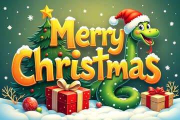 Colorful and festive graphic with the text Merry Christmas prominently displayed, featuring a cartoon snake wearing a Santa hat and surrounded by holiday elements such as presents.