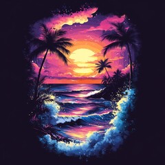 Wall Mural - A vibrant sunset over the ocean with palm trees and waves, showcasing tropical beauty.