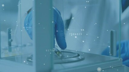 Poster - Animation of data processing and network of connections over caucasian male scientist in lab