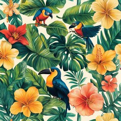 Canvas Print - A vibrant tropical scene featuring colorful birds and lush flowers amidst green leaves.