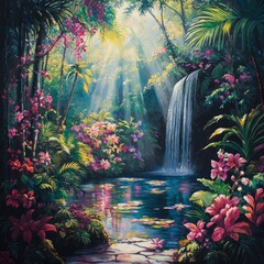 Canvas Print - A vibrant tropical scene featuring a waterfall, lush greenery, and colorful flowers.