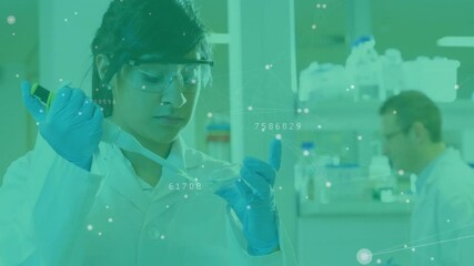 Poster - Animation of data processing and network of connections over biracial female scientist in lab
