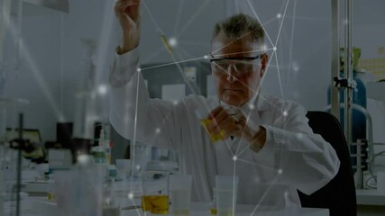 Poster - Animation of network of connections over caucasian male scientist doing experiment in lab