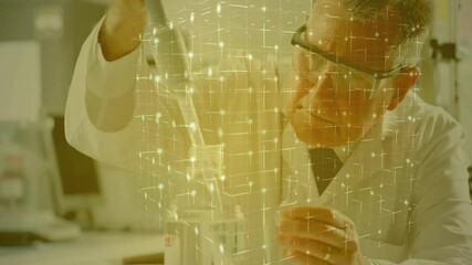 Poster - Animation of network of connections over caucasian male scientist doing experiment in lab