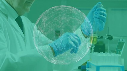 Poster - Animation of network of connections with globe over caucasian male scientist doing experiment in lab