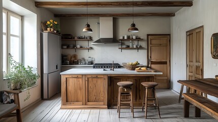 Sticker - Cozy modern kitchen with wooden cabinets and island in a sunlit space showcasing fresh fruit and simple decor