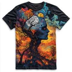 Wall Mural - A vibrant t-shirt design featuring a surreal face intertwined with trees and colorful clouds.