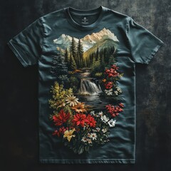 Wall Mural - A vibrant t-shirt featuring a scenic mountain landscape with flowers and a waterfall design.