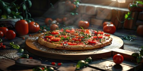 Sticker - Fresh Pizza on Wooden Table