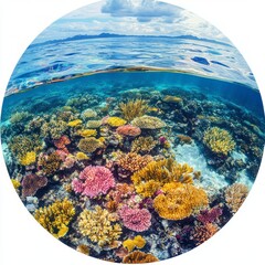 Wall Mural - A vibrant underwater coral reef teeming with colorful marine life and clear blue water.