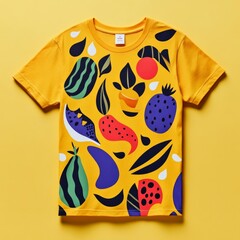 Sticker - A vibrant yellow t-shirt featuring colorful fruit and leaf patterns.