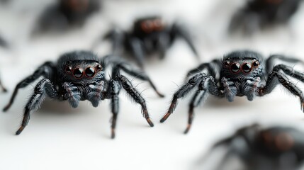 Dozens of small spiders crawling on a white background, chaotic and unsettling