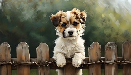 Wall Mural - Adorable puppy portrait resting on a rustic wooden fence