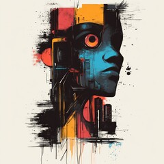 Wall Mural - A vibrant, abstract portrait of a futuristic figure with geometric elements and bold colors.