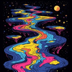 Canvas Print - A vibrant, abstract representation of a colorful cosmic river under a starry sky.