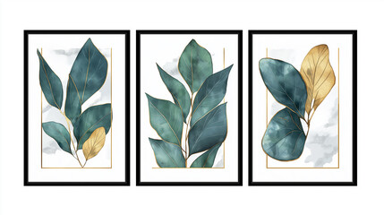 Poster - Set of three minimalist wall art posters featuring abstract green and gold leaves