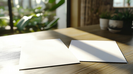 Aufkleber - Two empty papers lying on wooden table with green plants background