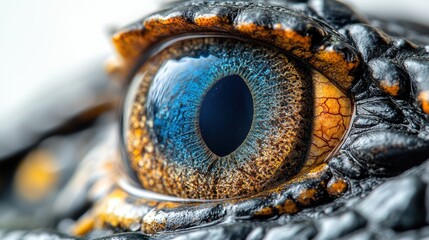 Wall Mural - Extreme close-up of a crocodiles eye on a white background, intricate detail