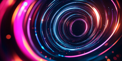 Fototapete - Abstract swirling neon light trails forming tunnel on black background