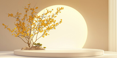 Aufkleber - Yellow tree growing from rock on podium with full moon background
