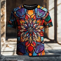 Wall Mural - A vibrant, colorful graphic t-shirt featuring a floral mandala design.