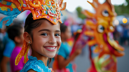 Young Girl in Colorful Costume Enjoying Festival