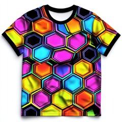 Poster - A vibrant, colorful t-shirt featuring a hexagonal pattern in various bright colors.