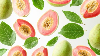 Guava with half slices falling or floating in the air with green leaves isolated on a white background.