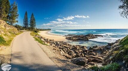 Poster - Scenic Coastal Road with Pine Trees and Rocky Beach