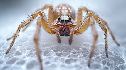 House spider sitting in a web on a white background, intricate patterns