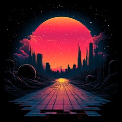 Wall Mural - A vibrant, futuristic landscape with a large pink sun setting over a city skyline.