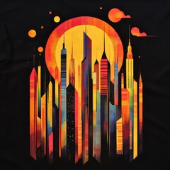 Sticker - A vibrant, stylized city skyline with a large sun backdrop.