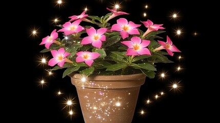 Wall Mural - Mandevilla Flowers in a Beautiful Pot Against a Black Background, Surrounded by Transparent Bubbles, Sparkles, and Glitter. A Stunning Display of Elegance and Magic