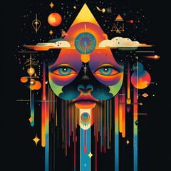 Wall Mural - A vibrant, surreal illustration featuring a face with cosmic elements and colorful patterns.