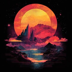 Sticker - A vibrant, surreal landscape featuring mountains and a large sun, evoking a dreamlike atmosphere.