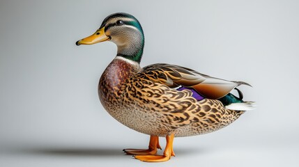 Mallard duck standing gracefully with its colorful feathers highlighted on a white background