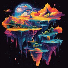 Wall Mural - A vibrant, surreal landscape with floating islands, colorful skies, and cosmic elements.