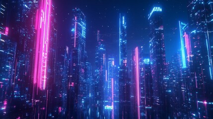 Poster - A vibrant cyberpunk cityscape illuminated by neon lights at night, showcasing towering skyscrapers and a futuristic atmosphere