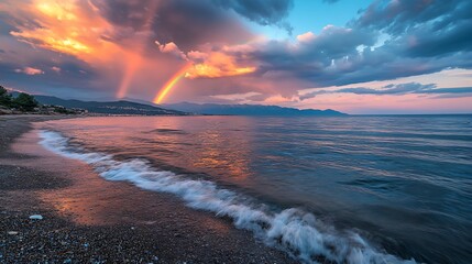 Canvas Print - Coastal Sunset with a Double Rainbow