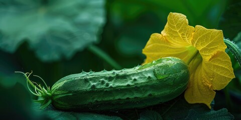 Wall Mural - Ripening cucumber alongside a bright yellow flower on the plant.