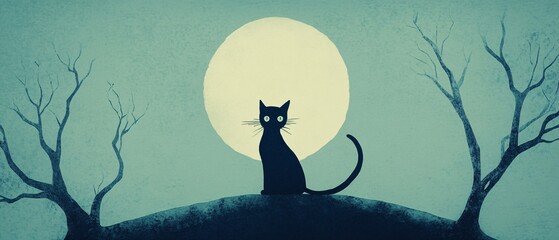 A silhouette of a black cat sits atop a hill under a glowing full moon.