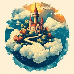 Canvas Print - A whimsical castle surrounded by clouds and a winding path, evoking fantasy and adventure.