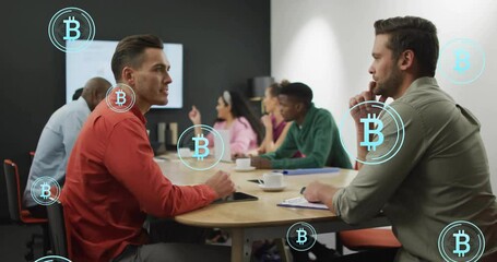 Poster - Animation of bitcoins over diverse business people at meeting