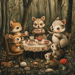 Sticker - A whimsical gathering of woodland animals enjoying tea in a forest setting.