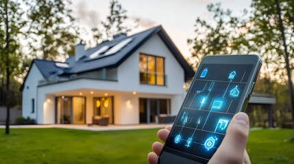 Hand holding smartphone with smart home app interface in front of a modern house.