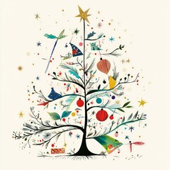 Sticker - A whimsical illustration of a decorated Christmas tree with various festive ornaments and stars.