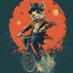 Wall Mural - A whimsical illustration of a squirrel in a top hat riding a bicycle against a dramatic background.