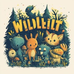 Sticker - A whimsical illustration of cute forest creatures surrounded by trees and mushrooms.