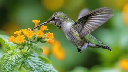 Wall Mural - Ruby-throated hummingbird feeding from a flower on a white background